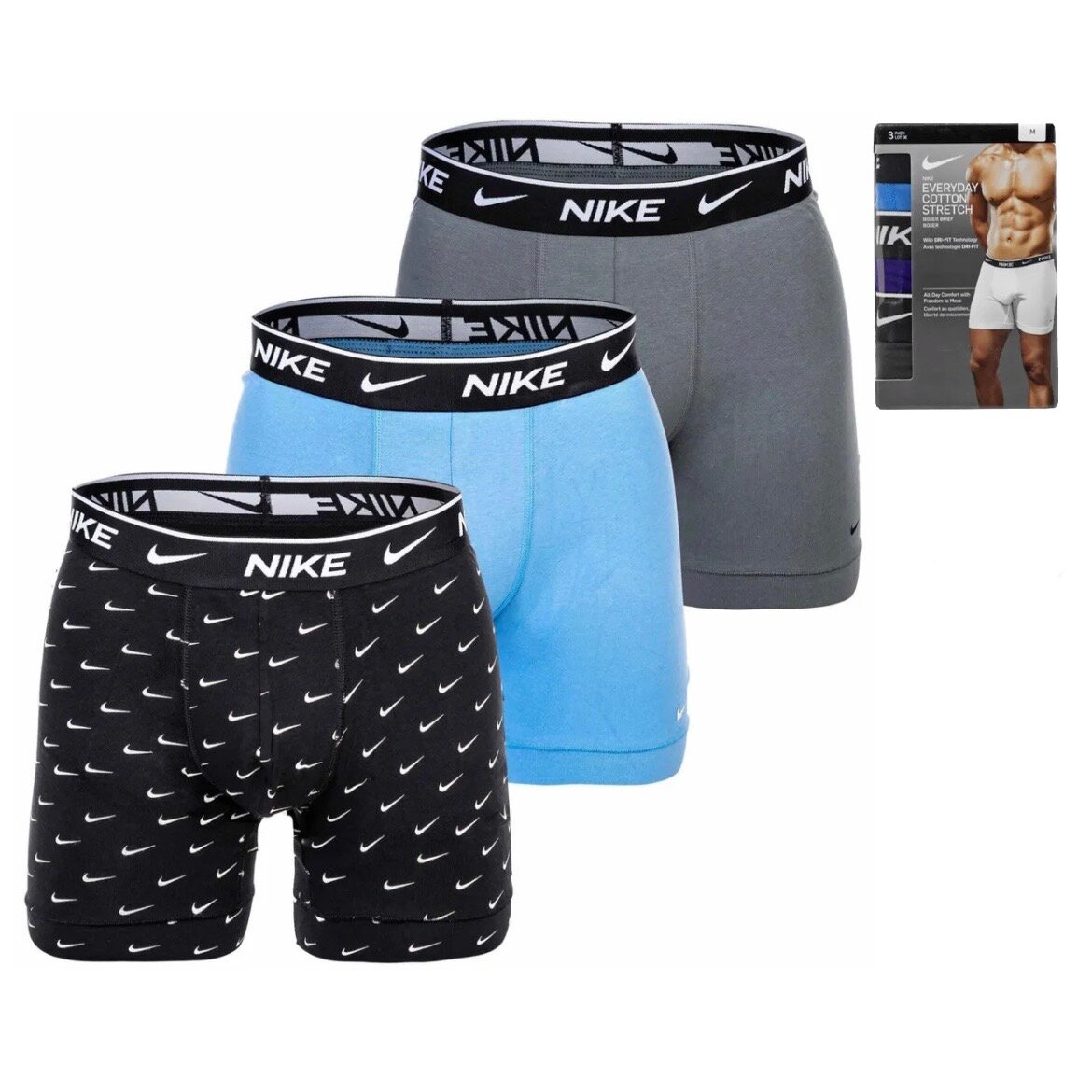 Трусы NIKE, комплект из 3 шт., размер S, черный, серый, голубой