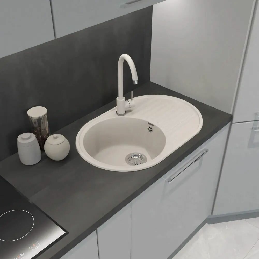 Мойка для кухни врезная с крылом GF-Z 74x48 см глубина чаши 18 см кварц цвет белый