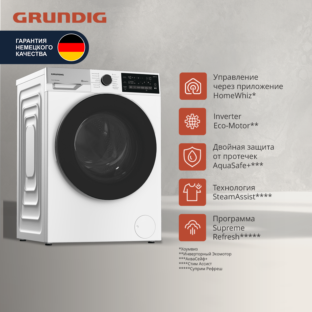 Стиральная машина Grundig GW7P77H21W, 60 см, 7,5 кг, белый