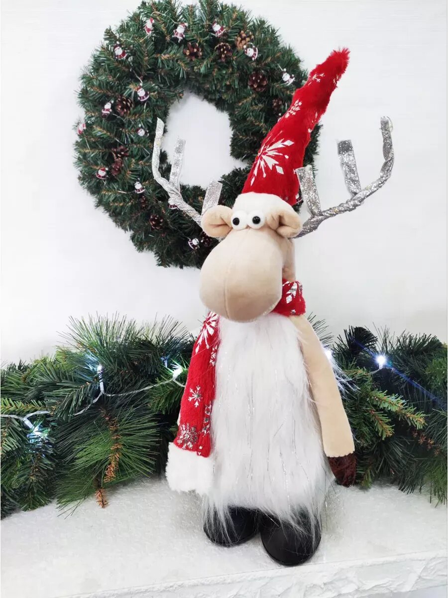 Олень рождественский со светящимися рогами в красном колпаке с шарфом, 17*13*53 — фото 1