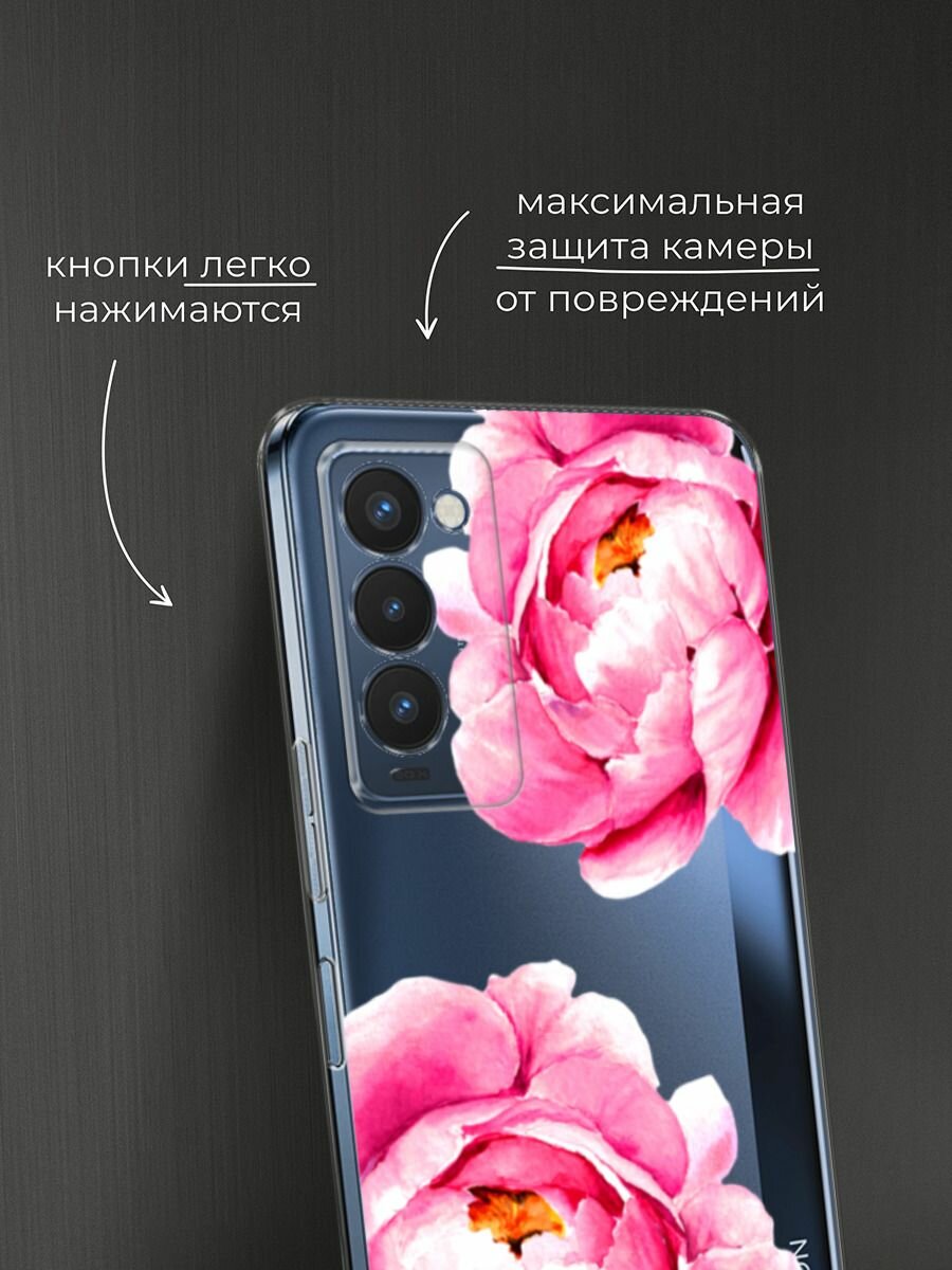 Чехол на Tecno Camon 18P / Техно Камон 18Р с принтом "Open peonies", прозрачный — фото 1