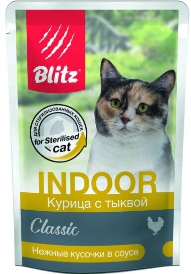 Корм влажный Blitz (pet) Blitz Classic для стерилизованных кошек Курица с тыквой кусочки в соусе, 24шт х85 г