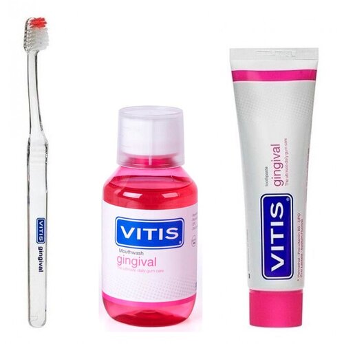 Vitis Gingival Kit набор для ухода за деснами малый (зубная щетка, паста и ополаскиватель) в косметичке