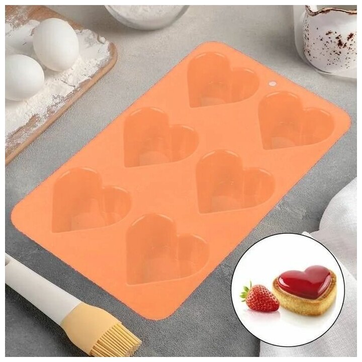 фото Форма для выпечки силиконовая "Сердце", 6 ячеек, коралловый