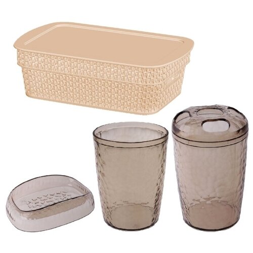 фото Набор для ванной: корзина ajur 3л с крышкой, мыльница, 2 стакана, слоновая кость branq