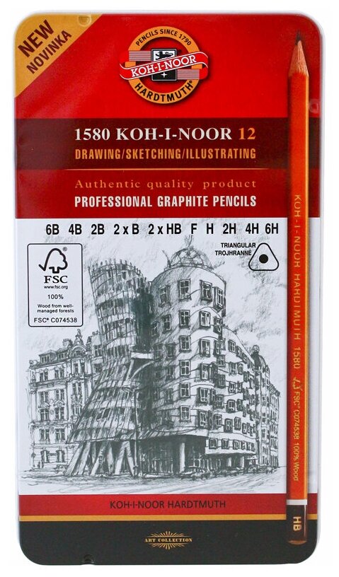 Набор карандашей ч/г Koh-I-Noor "1582" 12 шт, 6B-6H, трехгранный, заточен, метал. пенал