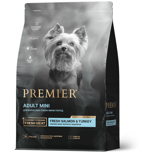 Premier Dog Salmon & Turkey ADULT Mini для собак мелких пород, свежее филе лосося с индейкой 3кг.