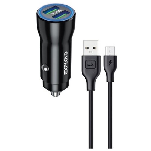 Блок питания автомобильный 2 USB Exployd EX-Z-1446, EASY, 2400mA, кабель микро USB, цвет: чёрный