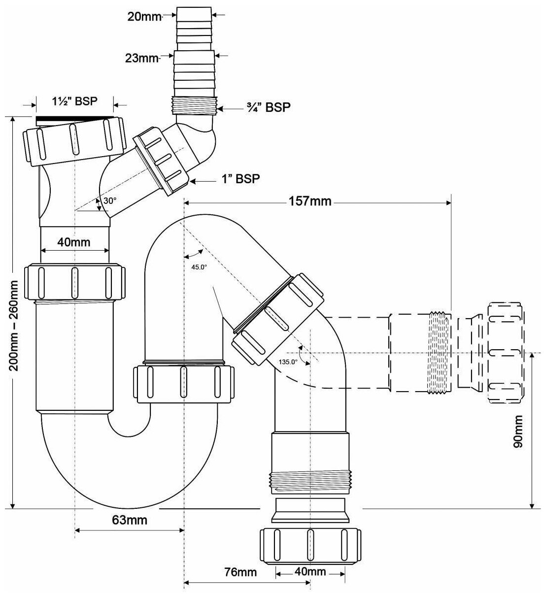 Трубный (коленный) сифон для мойки, для раковины McALPINE MRSK7-5571 - фотография № 3