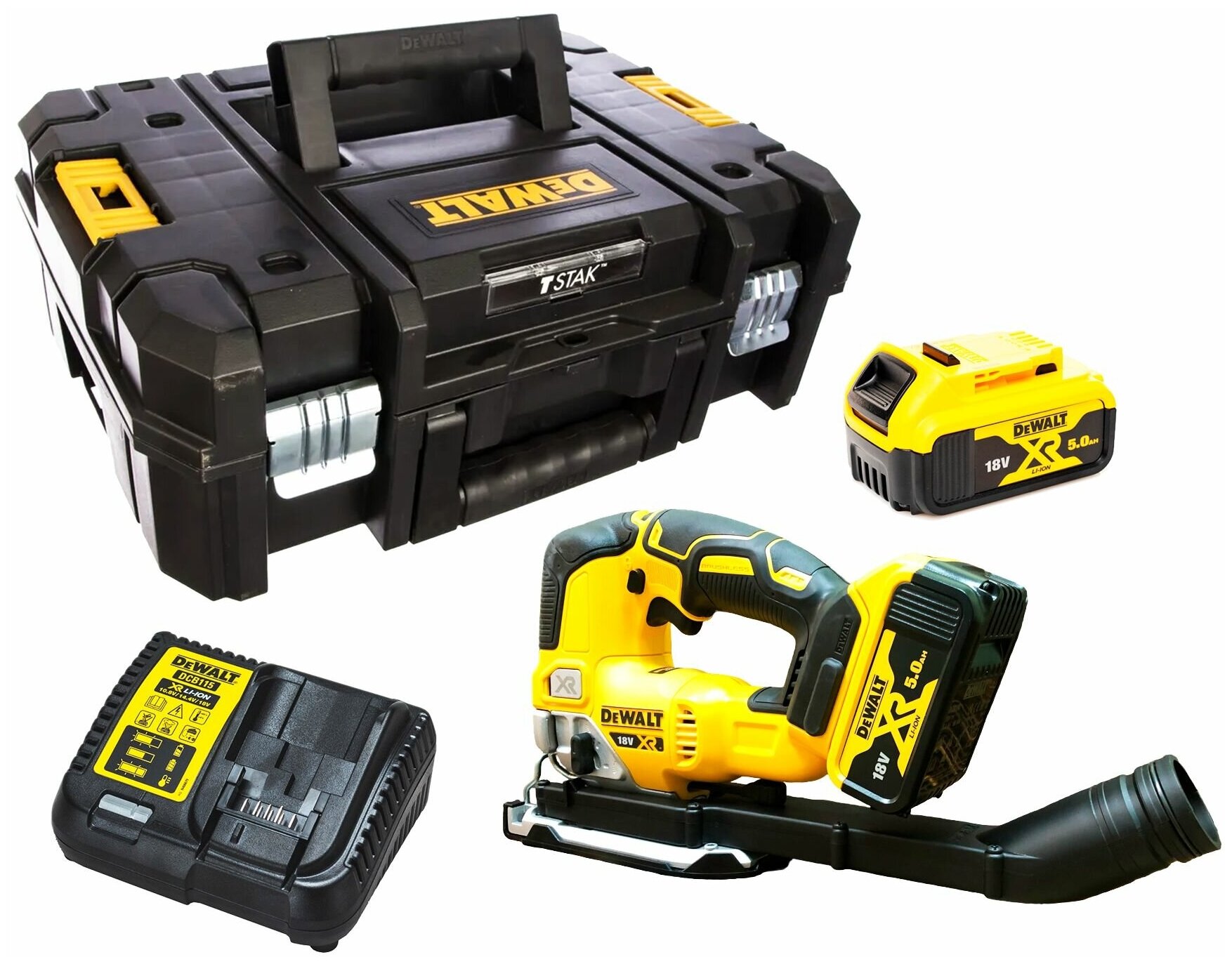 Аккумуляторный бесщёточный лобзик DEWALT, 18 В, 3200 ход/мин, с 2 АКБ 5 Ач и ЗУ, в кейсе TSTAK, - фото №1
