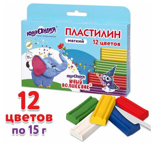 Пластилин мягкий юнландия "юный волшебник", 12 цветов 180 г, со стеком, высшее качество, европодвес,