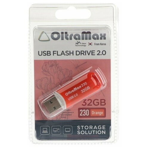 Флешка OltraMax 230, 32 Гб, USB2.0, чт до 15 Мб/с, зап до 8 Мб/с, оранж