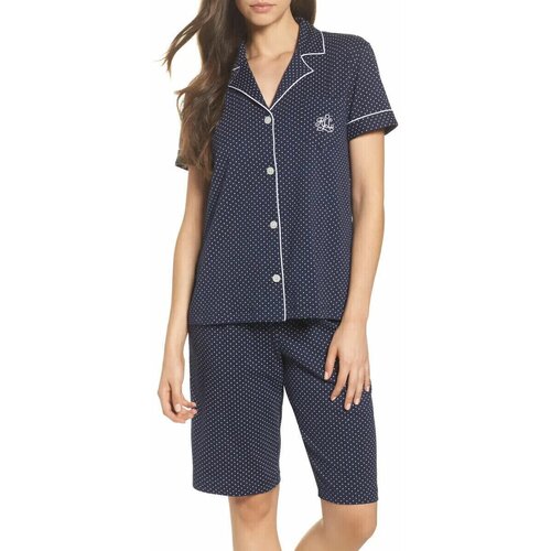 Пижама Ralph Lauren L темно-синяя в горошек шорты на кулиске и рубашка с коротким рукавом, кантом и логотипом