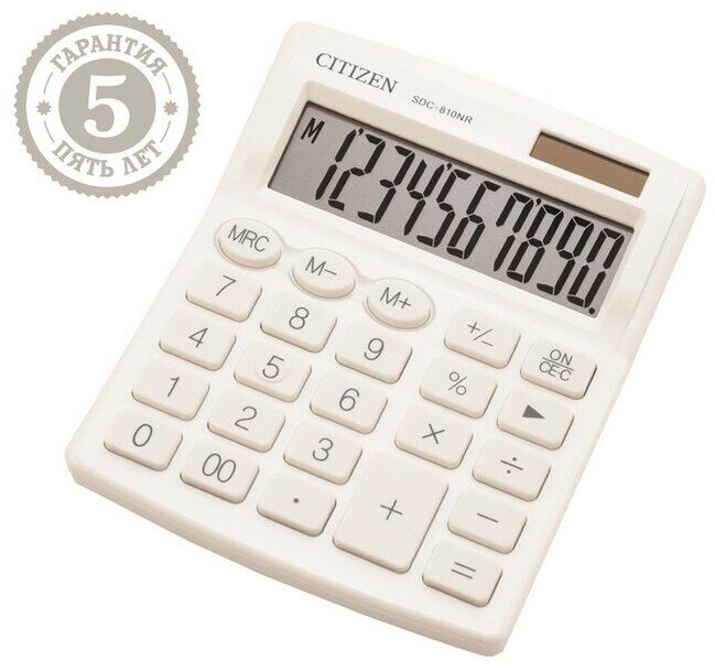 Citizen Калькулятор настольный Citizen "SDC810NR", 10-разрядный, 127 х 105 х 21 мм, двойное питание, белый