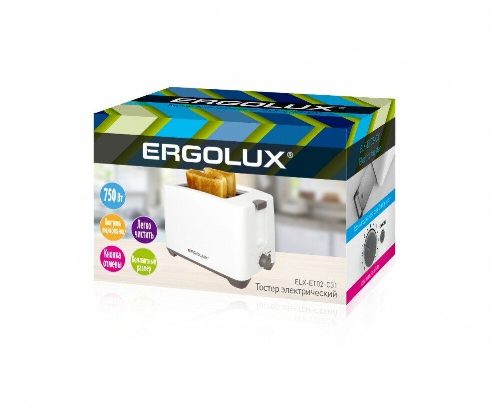 Электрический тостер ELX-ET02-C31 бело-серый, двойной корпус (220-240 В, 750 Вт) ERGOLUX