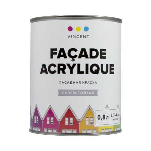 Краска акриловая VINCENT Facade Acrylique матовая белый 0.8 л краска фасадная vincent facade acrylique база а белая матовая 0 8л