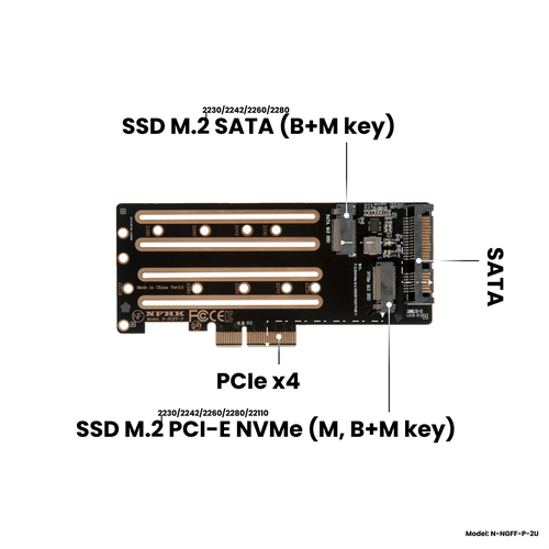Адаптер-переходник / плата расширения низкопрофильная для установки накопителей SSD M.2 SATA (B+M key) в разъем SATA / M.2 PCIe NVMe (M key) в слот PCIe 3.0 x4 pcie to m2 m 2 dual nvme ssd ngff adapter m key b key sata riser expansion card
