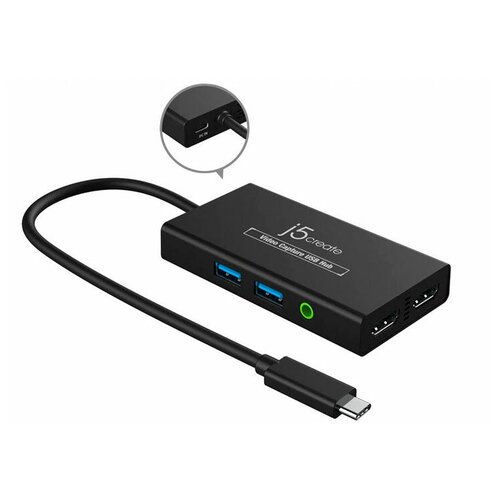 Внешняя карта видео захвата j5create + USB-хаб: 1x HDMI-вход, 1x HDMI-выход, 2x USB-A, 1x 3.5мм аудио устройство видеозахвата j5create jva01