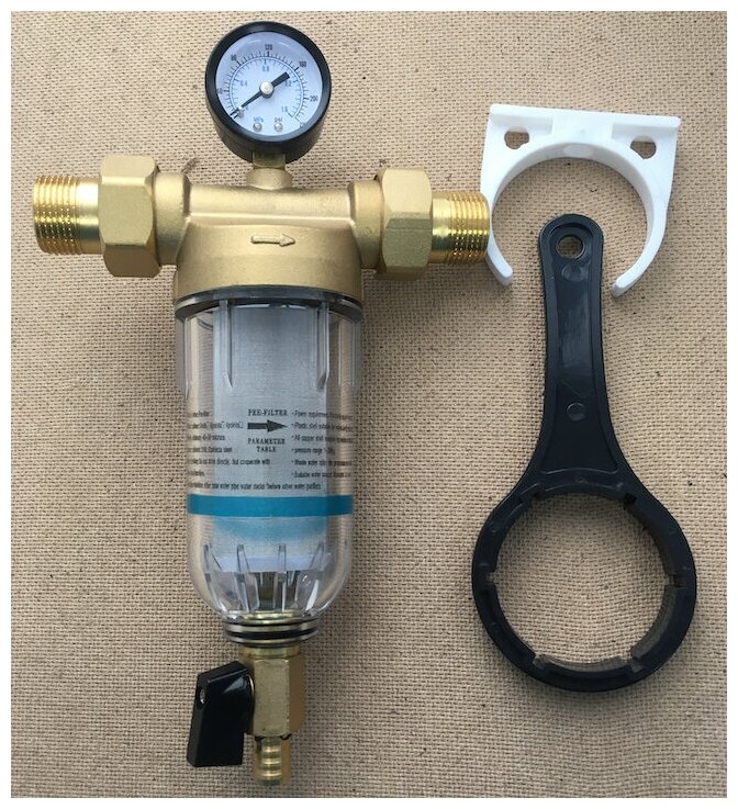 Промывной сетчатый фильтр 3/4" 1001А для холодной воды прозрачный, с манометром, ключом, кронштейном и гайками, Акватек Все для Воды 0-25-2840 - фотография № 2