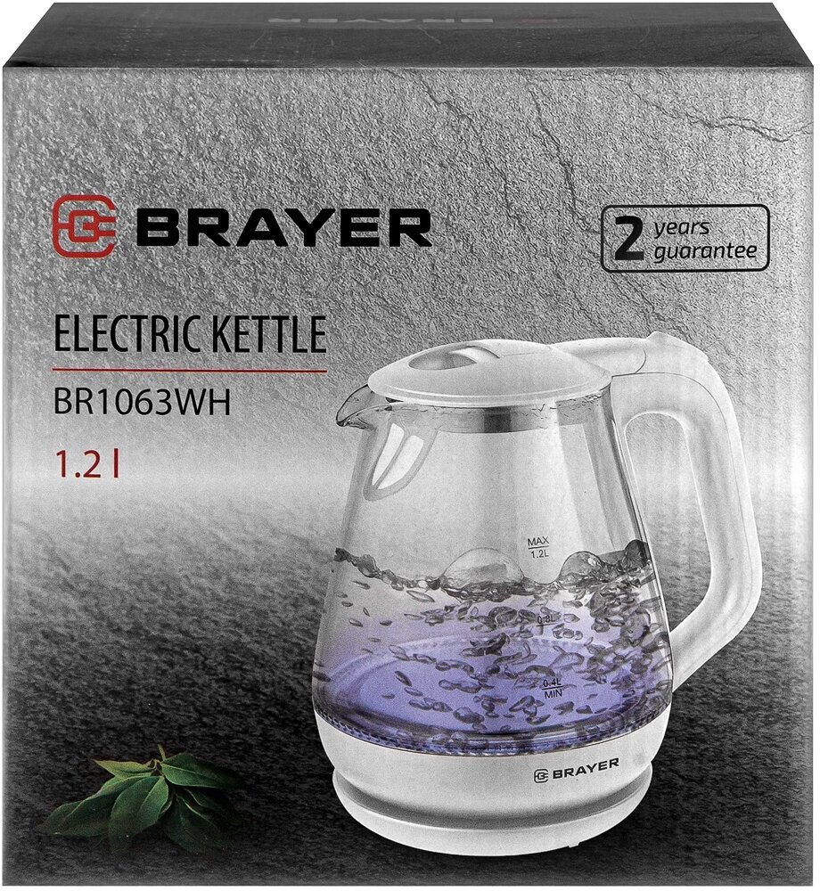 Чайник Brayer 1063BR-WH 1630 Вт, 1,2 л, стекл.корп - фотография № 2