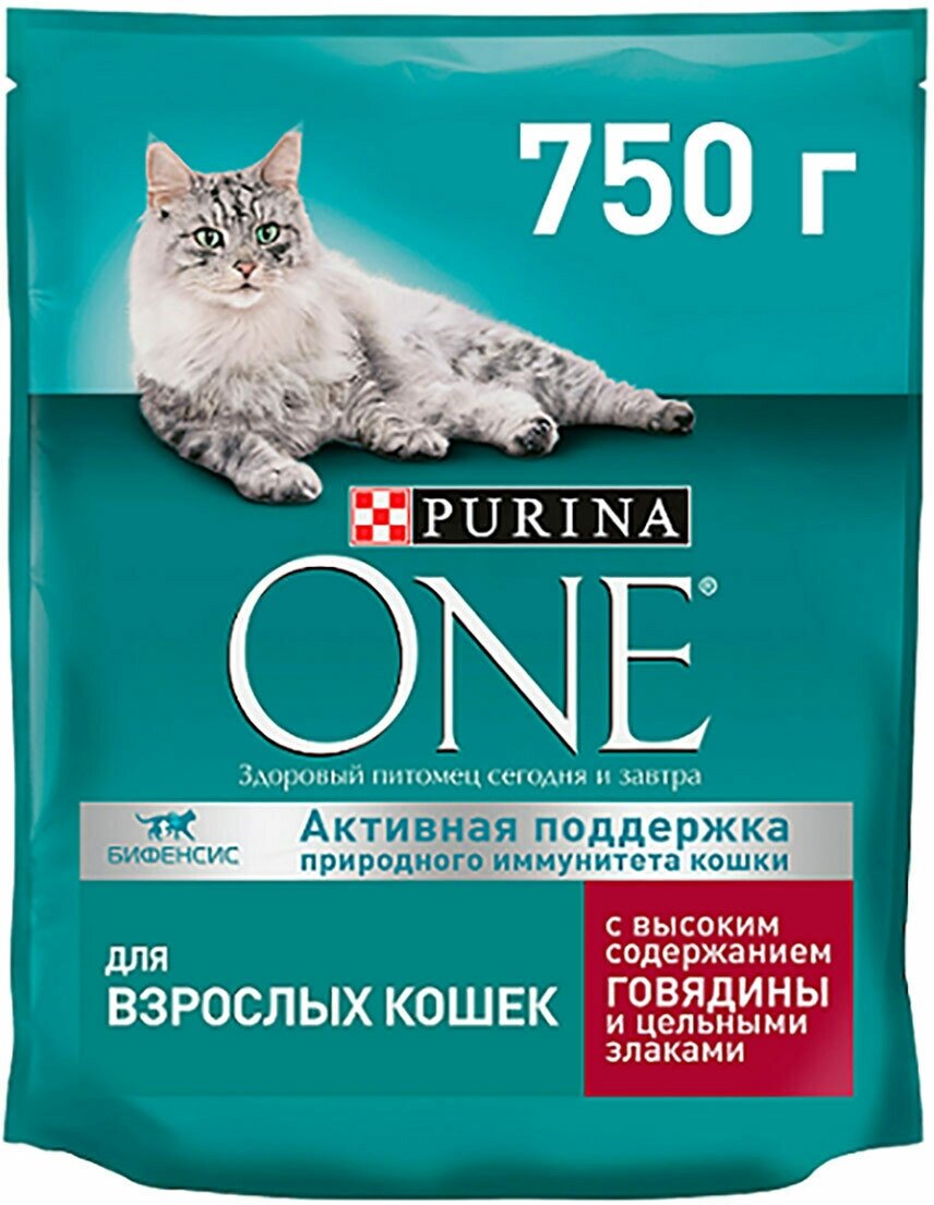 Purina One Сухой корм для взрослых кошек с высоким содержанием говядины и цельными злаками (750 г)