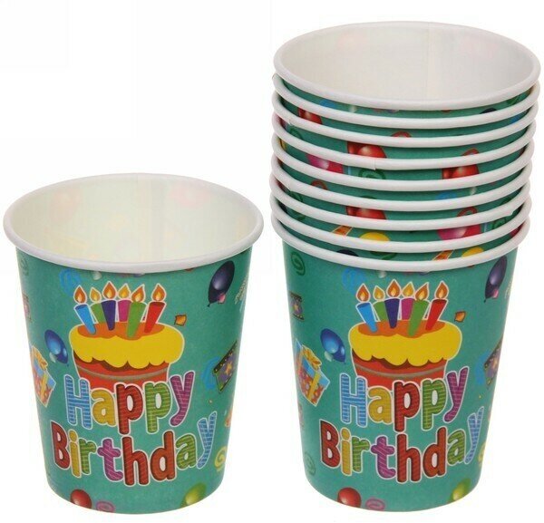 Стакан бумажный 0,2л в наборе 10 шт «День рождения» Тортик со свечками