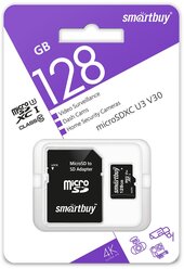 micro SDXC карта памяти Smartbuy 128GB cl10 U3 V30 для видеонаблюдения (с адаптером SD)