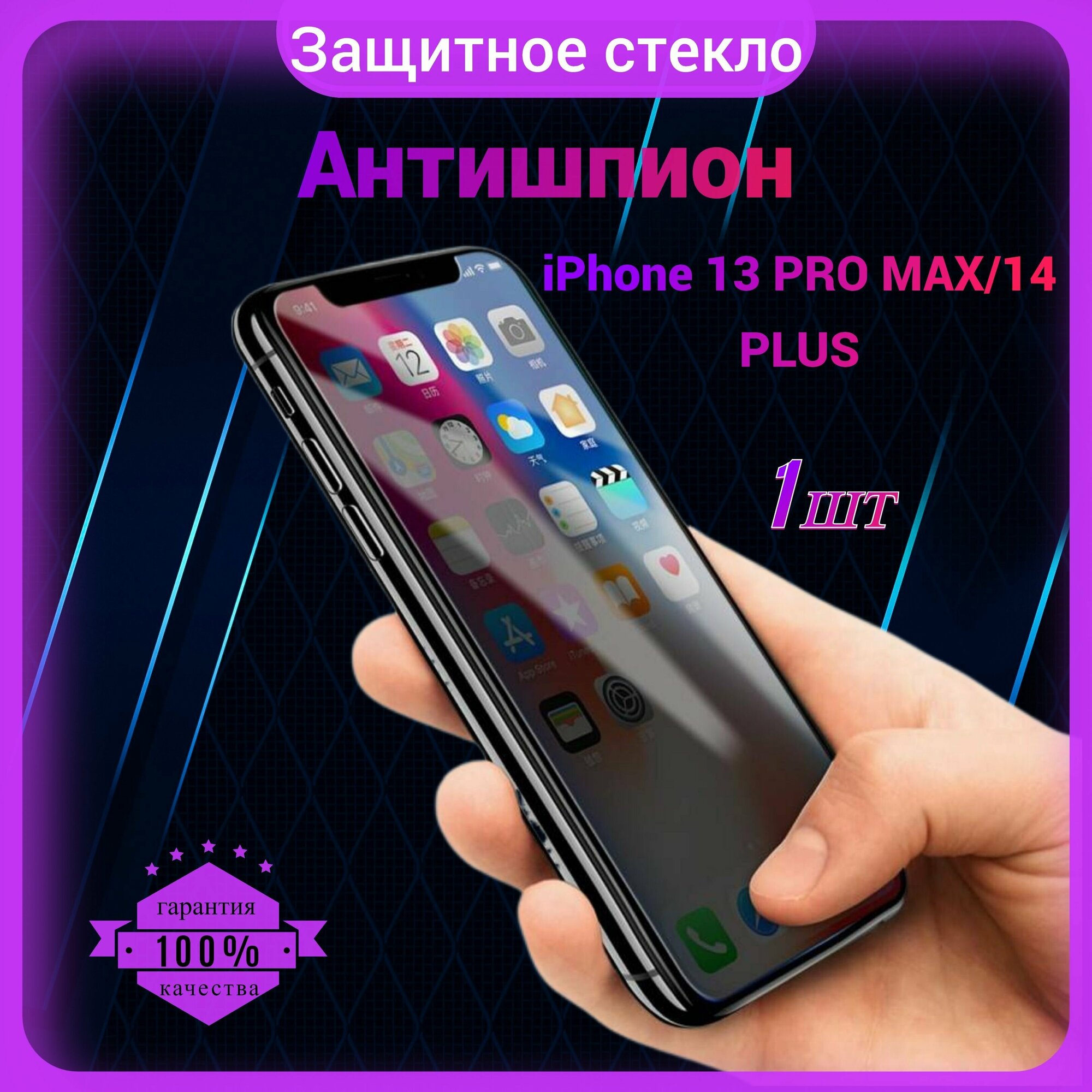 Защитное стекло Антишпион для Iphone 13 Pro Max/ 14 Plus, Антишпион на Айфон 13 Про Макс/ 14 Плюс, на весь экран, закаленное, противоударное, приватное 1 шт.