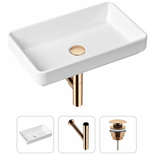 Накладная раковина в ванную Lavinia Boho Bathroom Sink Slim 21520140 в комплекте 3 в 1: умывальник белый, донный клапан и сифон в цвете розовое золото