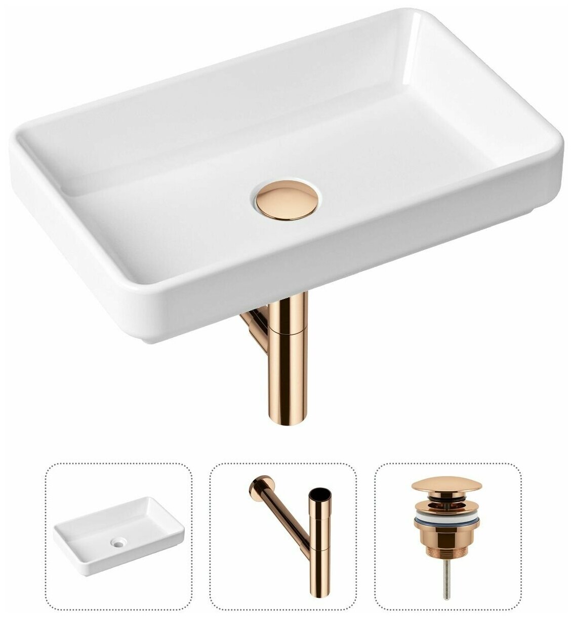 Накладная раковина в ванную Lavinia Boho Bathroom Sink Slim 21520140 в комплекте 3 в 1: умывальник белый, донный клапан и сифон в цвете розовое золото