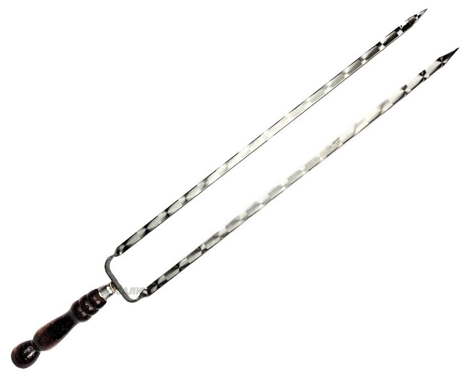 Двойной вилка-шампур с деревянной ручкой с узором 50см