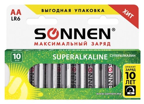 Батарейки комплект 10 шт., SONNEN Super Alkaline, АА (LR06,15А), алкалиновые, пальчиковые, в коробке, 454231