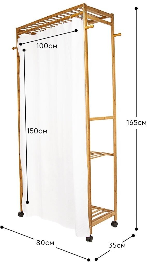 Стеллаж деревянный для одежды на колёсиках (80х35х165 см) Hans&Helma бамбук в прихожую коридор вешалка этажерка шкаф гардероб обувь хранение - фотография № 2
