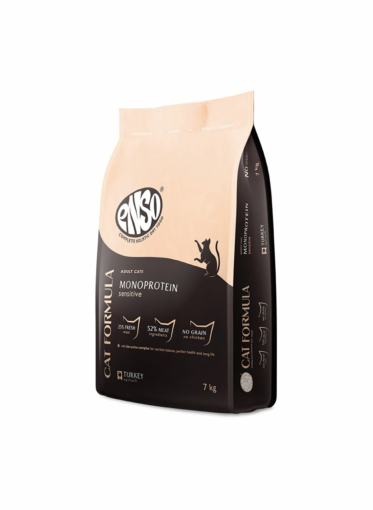 ENSO Cat formula Monoprotein сухой полнорационный корм для взрослых кошек с чувствительным пищеварением со свежей индейкой с добавлением шпината 7 кг