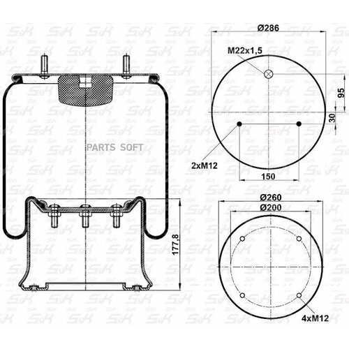 S&K SK0285K01 Пневмоподушка со стаканом (металл 2шп. 4отв. М12 ) [М12 смещ.30 1отв-шт. М22] SCHMITZ