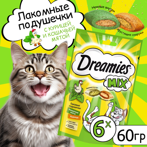 Набор. Лакомство Dreamies MIX для взрослых кошек, подушечки с мятой и курицей,6 шт по 60г