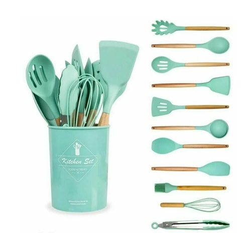 Кухонный набор Kitchen Set силикон и бамбук из 12 шт / бирюзовый цвет.