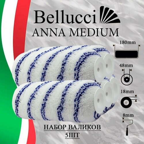 BELLUCCI Anna MEDIUM Валик малярный из смеси полиэстера 75% и полиамида 25% (180 мм, бюгель 8 мм) набор 5 шт