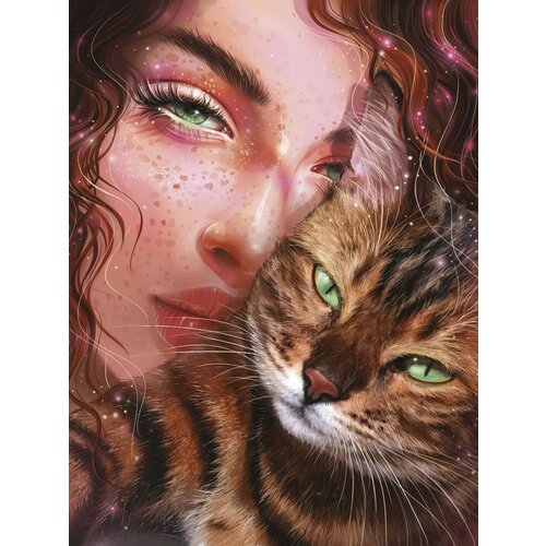 Алмазная мозаика 30х40см девушка С котом 24 цветов страз, картонная коробка