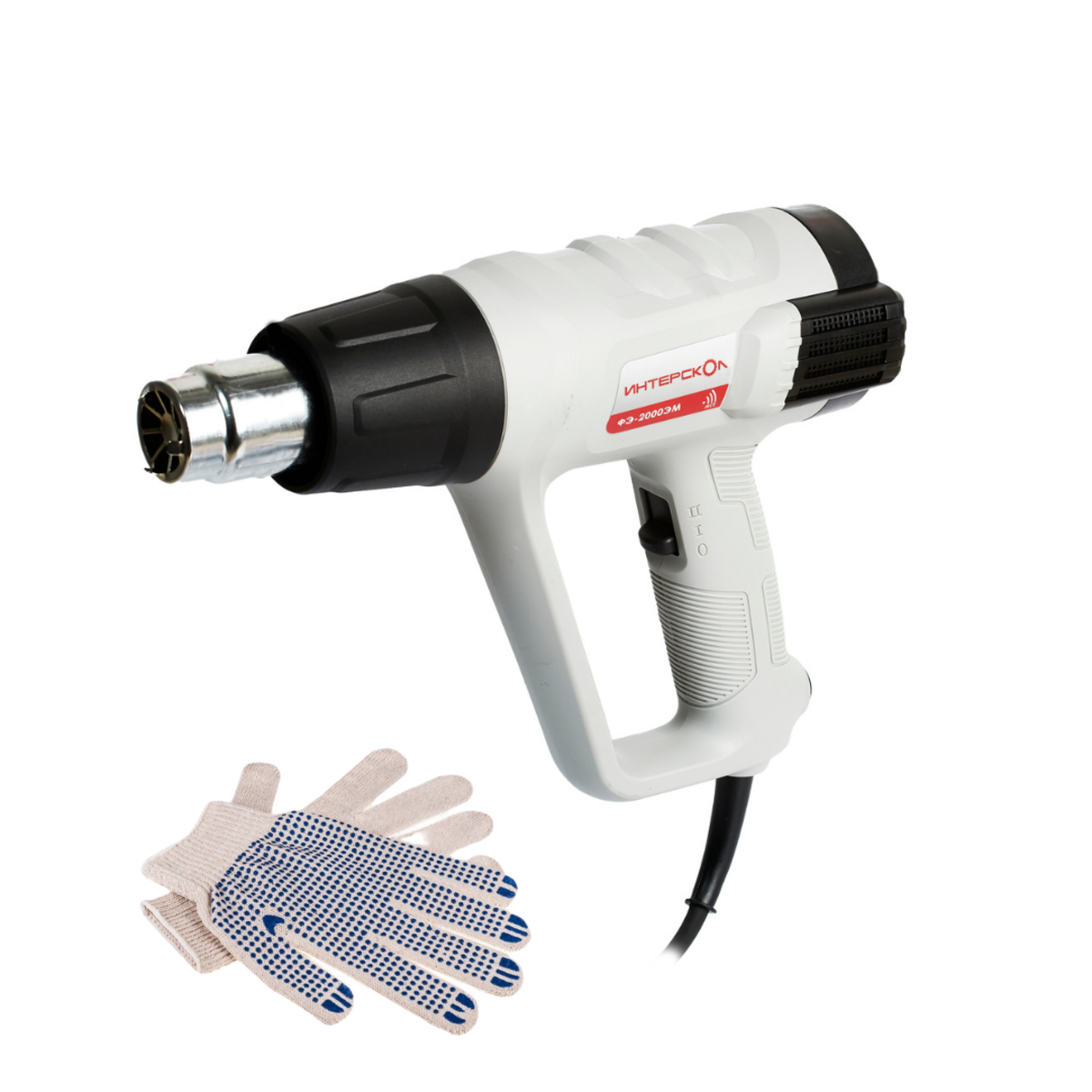 фото Фен электрический Интерскол ФЭ-2000ЭМ 385.0.1.00 + перчатки строительные с ПВХ точка