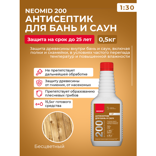 Антисептический Деревозащитный состав для бань и саун Neomid 200 концентрат 0,5л
