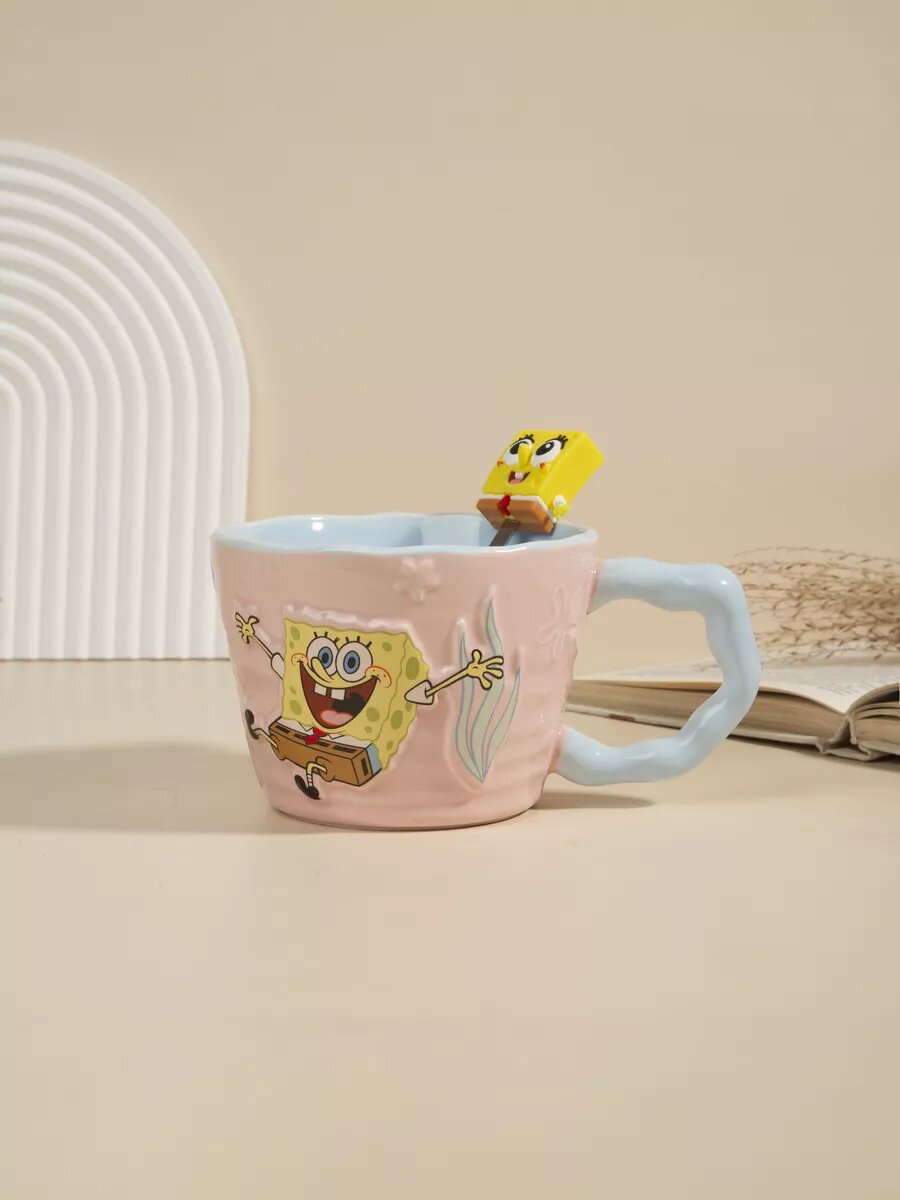 Кружка от бренда "Тепло в руках" - "Губка Боб с ложкой", для СВЧ и посудомойки, керамика, 400мл — фото 1