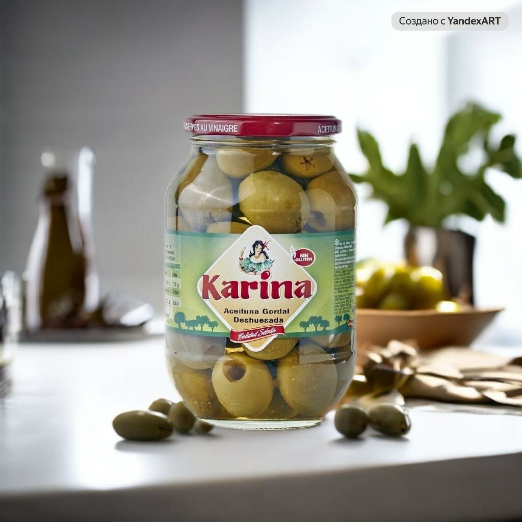 Оливки зеленые без косточки Испания Karina Гордаль, 845 г стеклянная банка