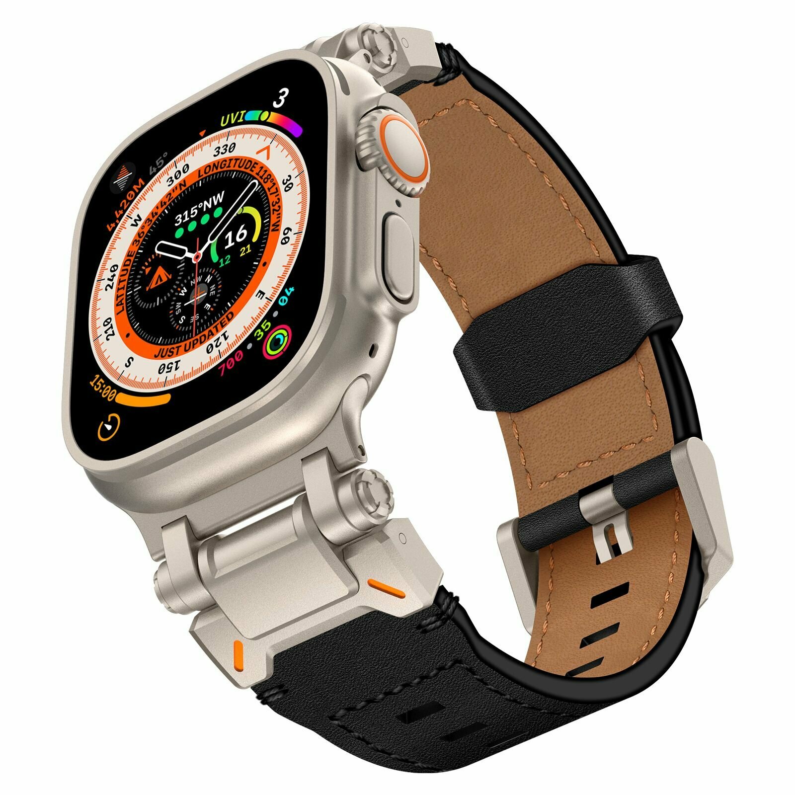 Металлическая пряжка из воловьей кожи, совместимые ремешки для Apple Watch 49мм 45мм 44мм 42мм, браслет из натуральной кожи для iWatch Ultra 2/1 Series 9 8 7 6 5 4 3 2 1 SE, Титан/черный