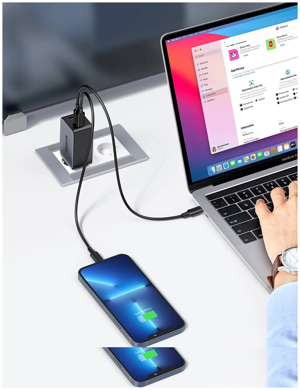Сетевое зарядное устройство UGREEN 3 USB-C 65W GAN, темно-серый — фото 1