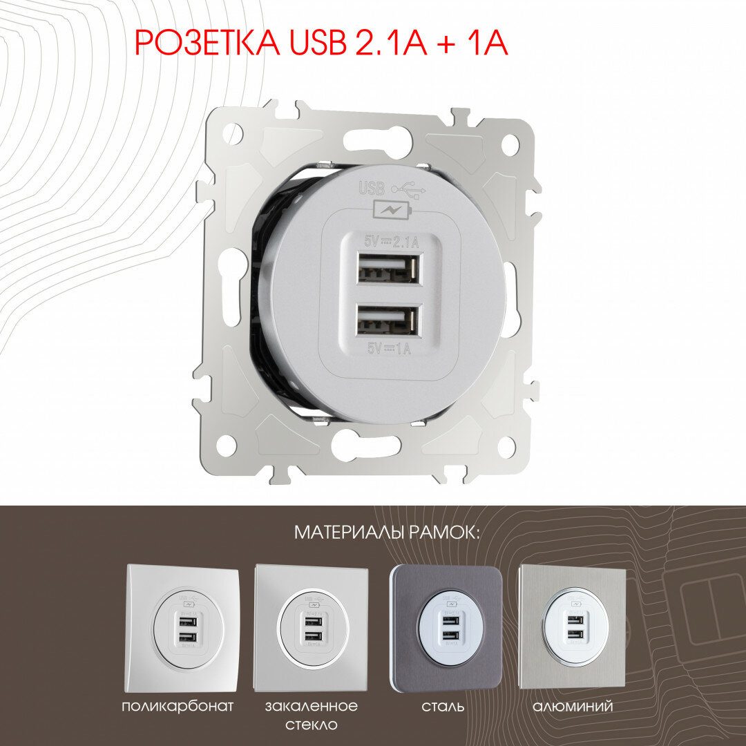 Розетка USB 2.1А+1А 202.46-1. silver Arte Milano