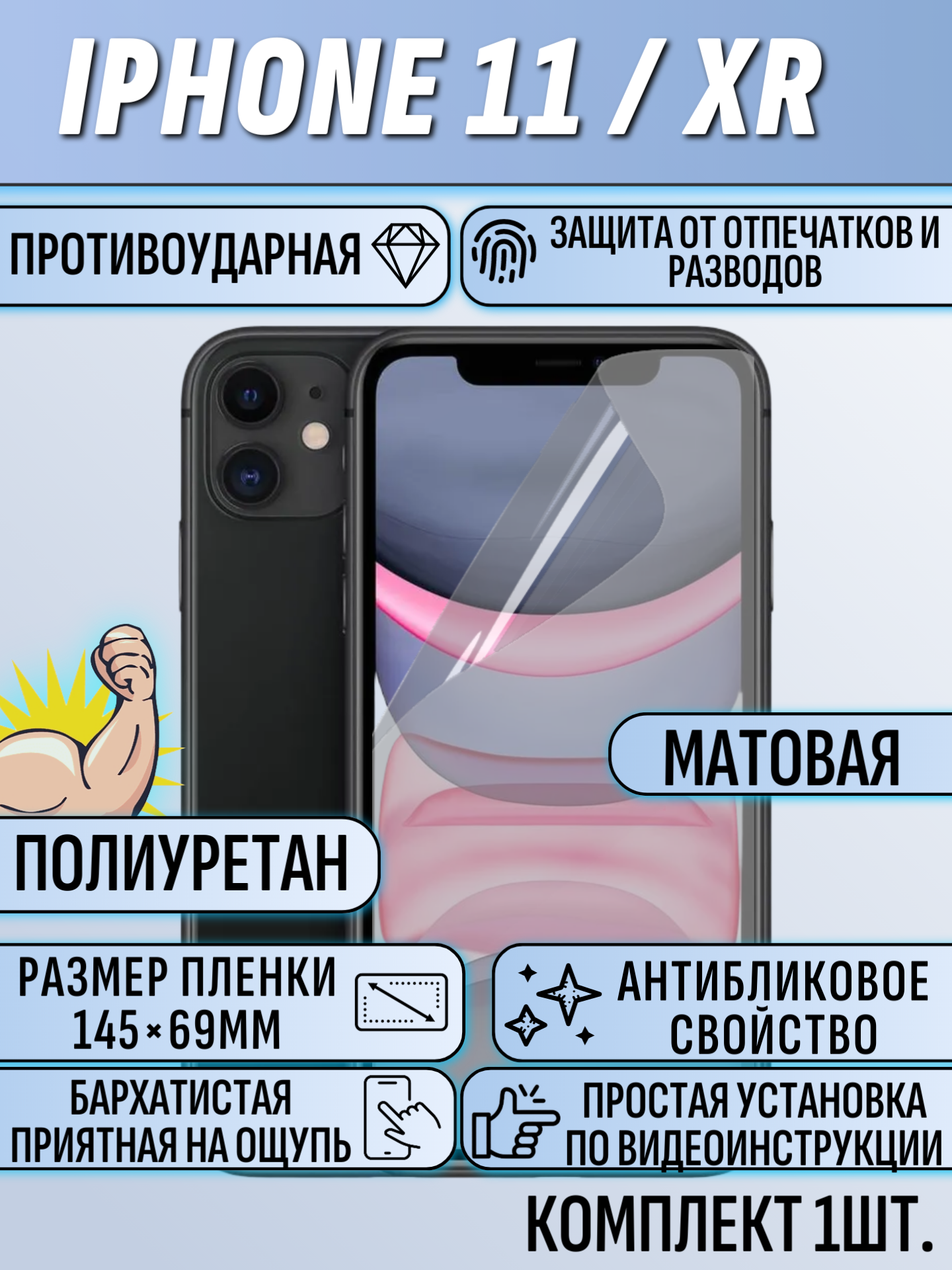 Гидрогелевая защитная пленка для iPhone 11 / XR матовая на весь экран 1 шт