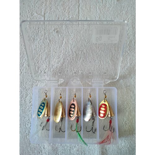 Набор блёсен-вертушек для рыбалки (5 шт, 6 грамм) – универсальные, на щуку, окуня, судака, форель, карпа + кейс