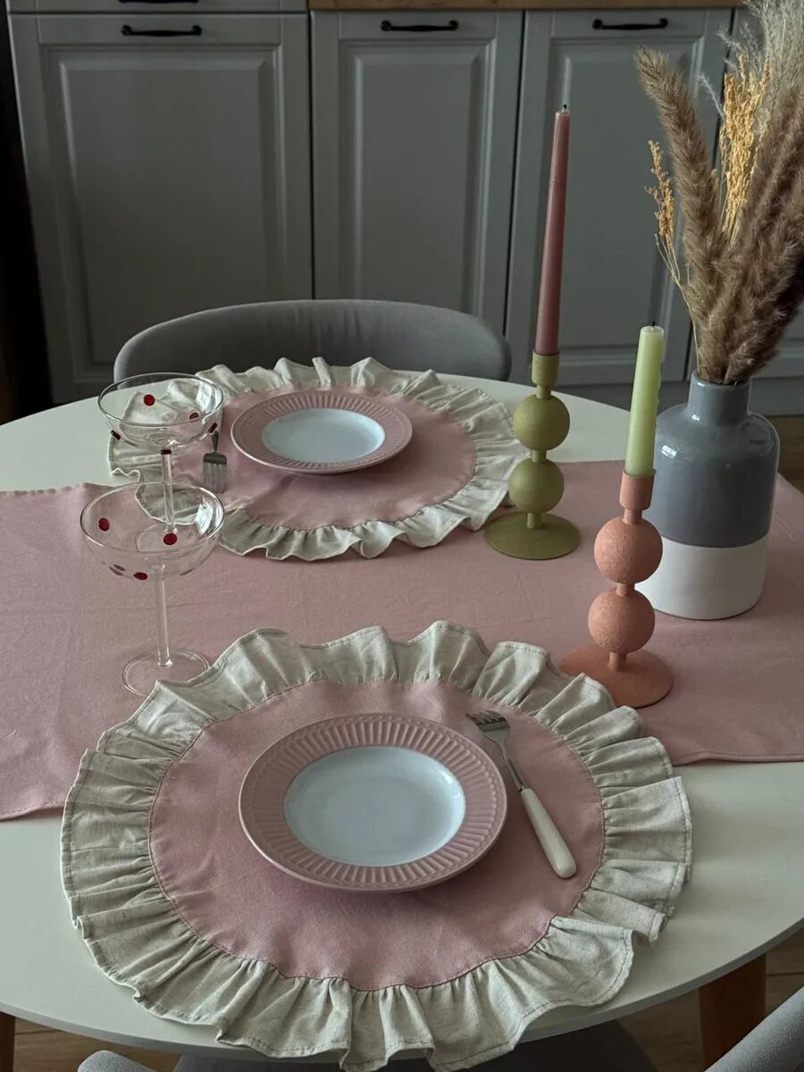 Салфетки сервировочные с рюшей, светло-розовые 4 шт