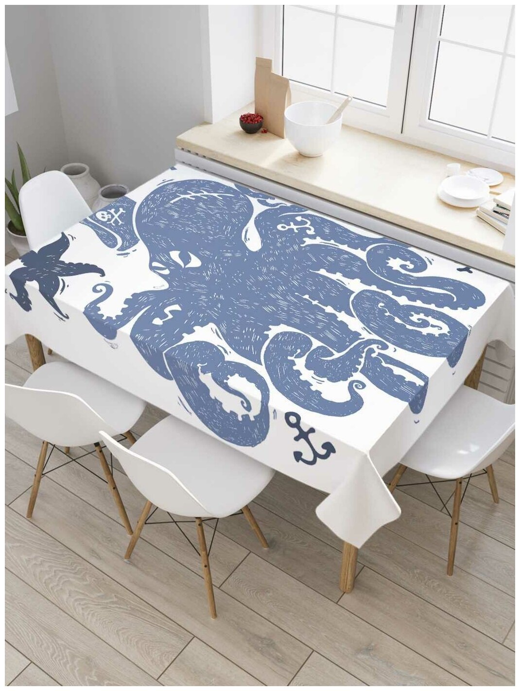 Скатерть прямоугольная JoyArty на кухонный стол "Осьминог любит море" из оксфорда, 180x145 см